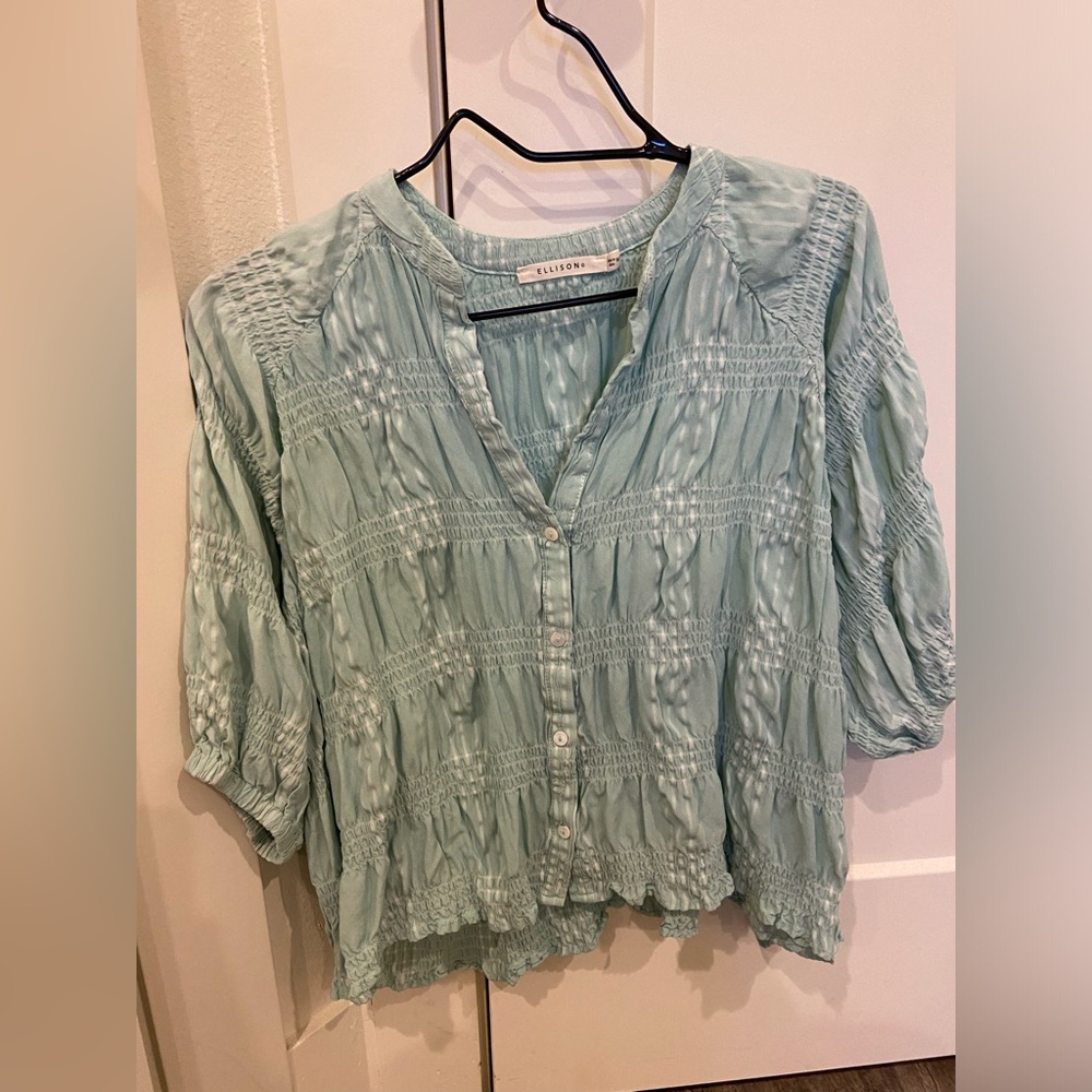 Ellison Light Aqua Button-Front Peasant Blouse